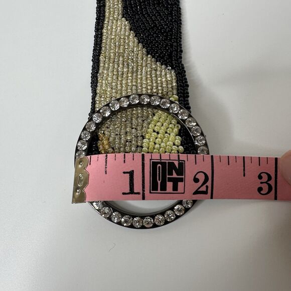 Abstract Seed Bead Silk Belt Womens Sz M Rhinestone O-Ring Buckle Evening Formal - Picture 11 of 15
